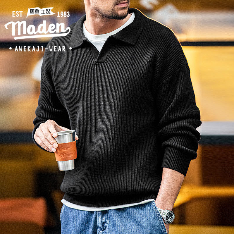 MADEN brand 2024 winter men new American fashion casual retro lapel cotton polo shirt loose lazy pullover thickened straight sweater