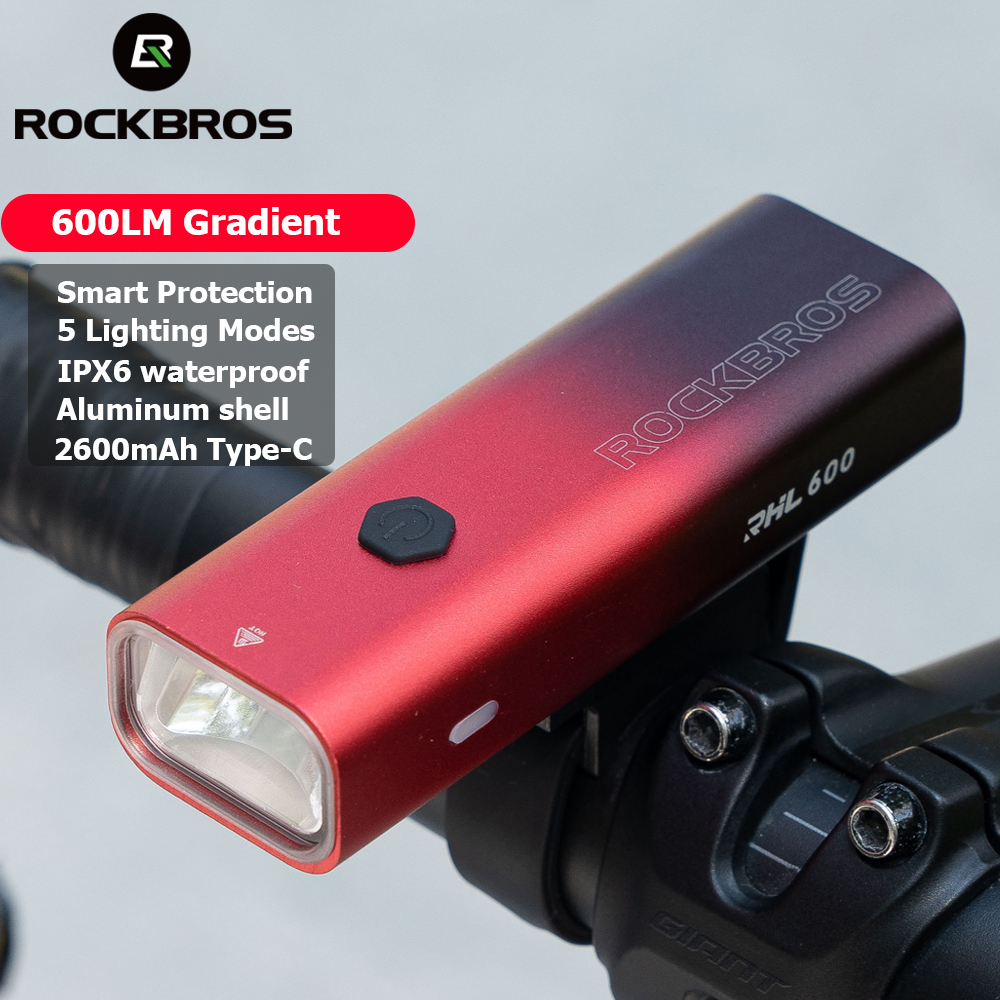 ROCKBROS Bicycle Headlight 600LM Gradient Blue/Red Aluminum Shell Bike Light 5 Light Modes Waterproof Intelligent Temperature Control Flashlight Bicycle Accessory ราคา 423 บาท*ส่งฟรี