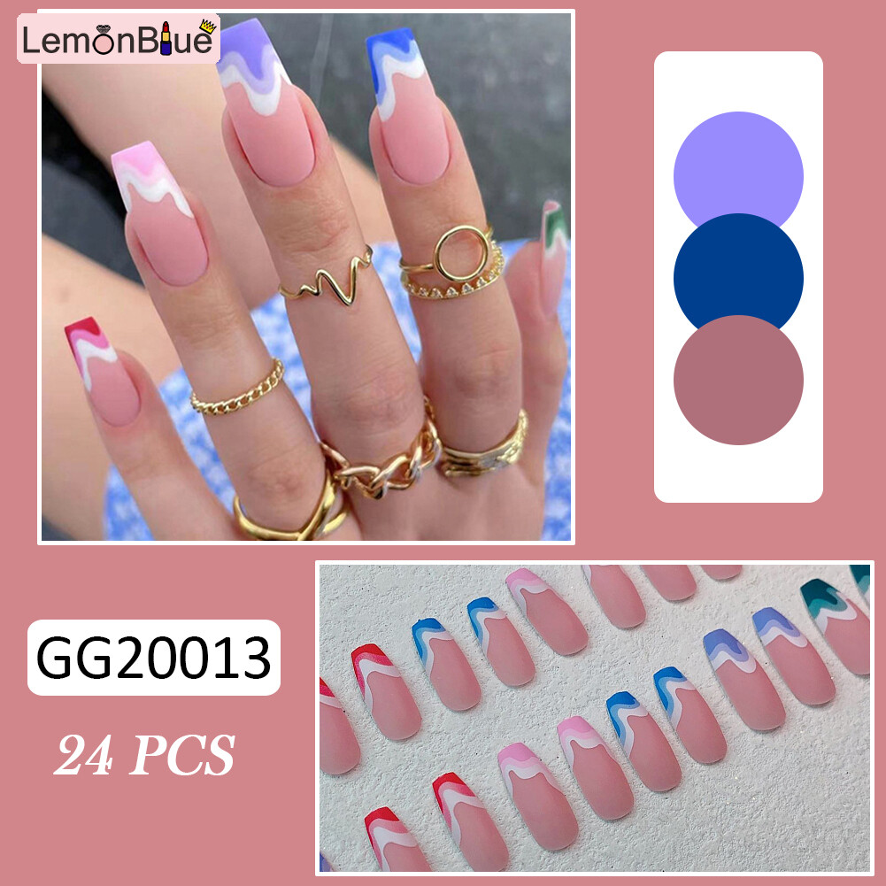 Gambar 24PCS Colorful Wave Press On Nails Sweet Style Wearable Full Cover Long Nails Manicure Salon DIY Art Removable Save Time Fake Nails with Jelly Gel Glue