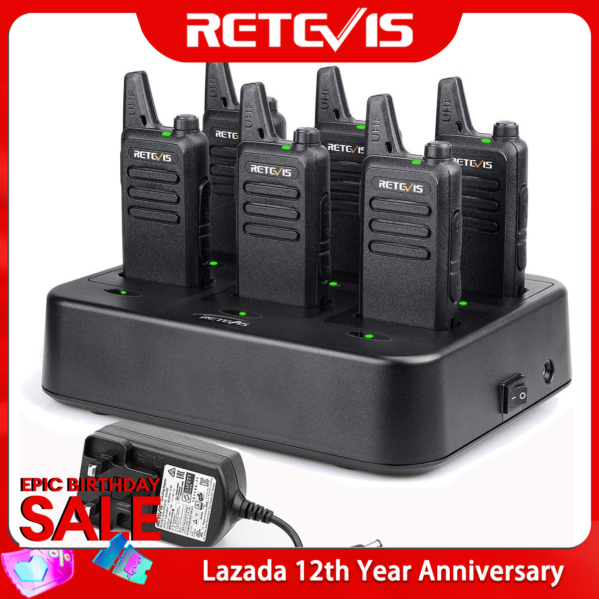 Retevis RT622 Rechargeable 2 Way Radio with 6 Way Charger, PMR446 License Free, VOX, 16 Channels, Portable Radio for School, Factory, Logistics, Security(6 Pack, Black) ราคา 6,569 บาท*ส่งฟรี
