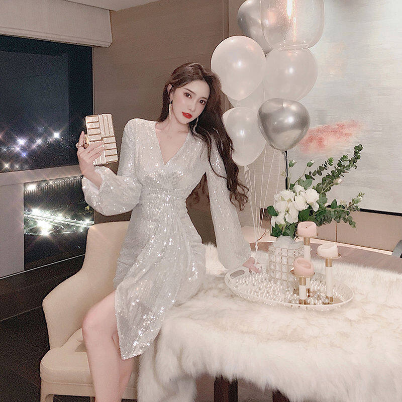 đầm kim sa lấp lánh Phụ nữ Pháp Đầm dự tiệc 2022 New Sequin Dress Slim váy kim sa nữ V Cổ dài Tay áo Váy Nổi tiếng Tính khí Bất thường Ăn mặc