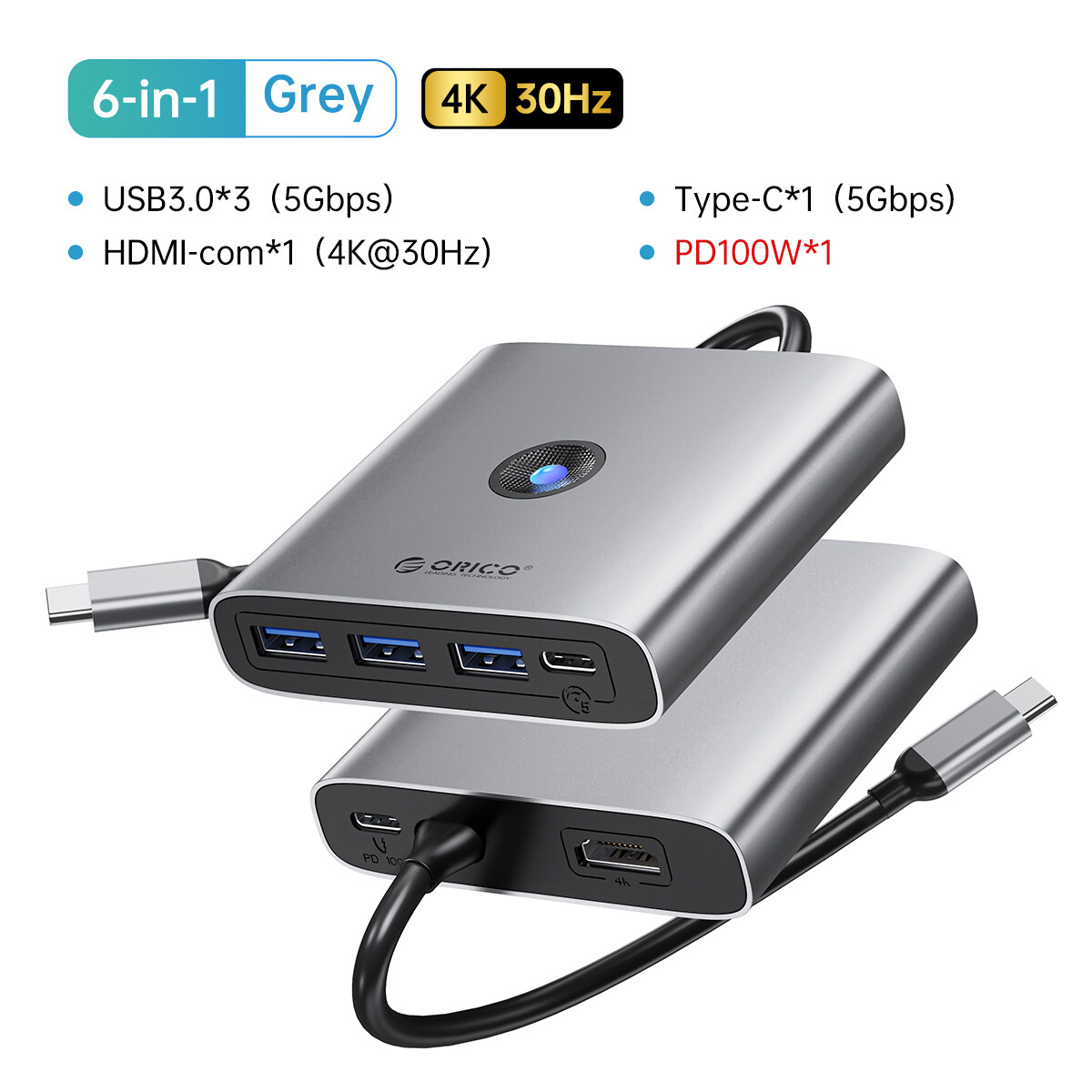 USB C HUB 4K 60Hz ORICO USB-C Bộ chuyển đổi đa cổng 6 trong 1 với 4K HDMI 100W giao hàng điện 3 USB