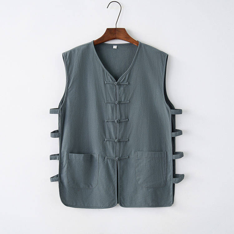 Summer thin cotton and linen Chinese style Tang suit vest man buckle retro Han Chinese clothing Old Man shirt Chinese style vest waistcoat men