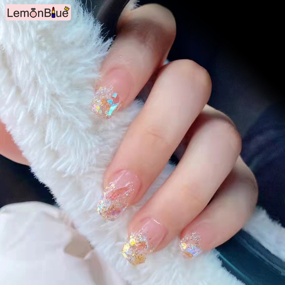 Gambar LemonBlue 24 Pcs Short Glitter Nails Finished Manicure Removable Shiny Fake Nail Plate Self Adhesive With Nail Files Stick and Cotton Pad For Nail Decorations Wearable Nail Patch Press on Nails