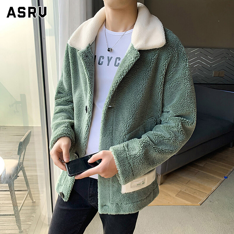 Asrv áo khoác có mũ lông cừu giả lông mịn cho nam áo khoác có mũ ấm áp mùa đông áo khoác ngoài mới
