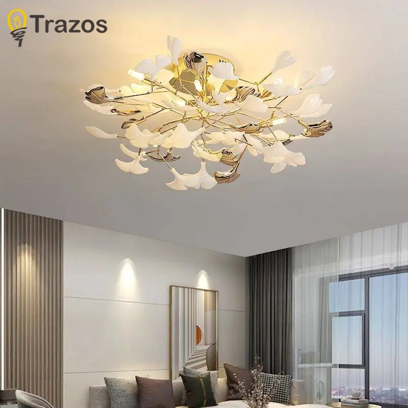 New Style Gold Branches Ceiling lamp With Porcelain Leaves Pendant Light Interior Home Decor Lustre Luxury Living room Ceiling lights ราคา 9,099 บาท*ส่งฟรี