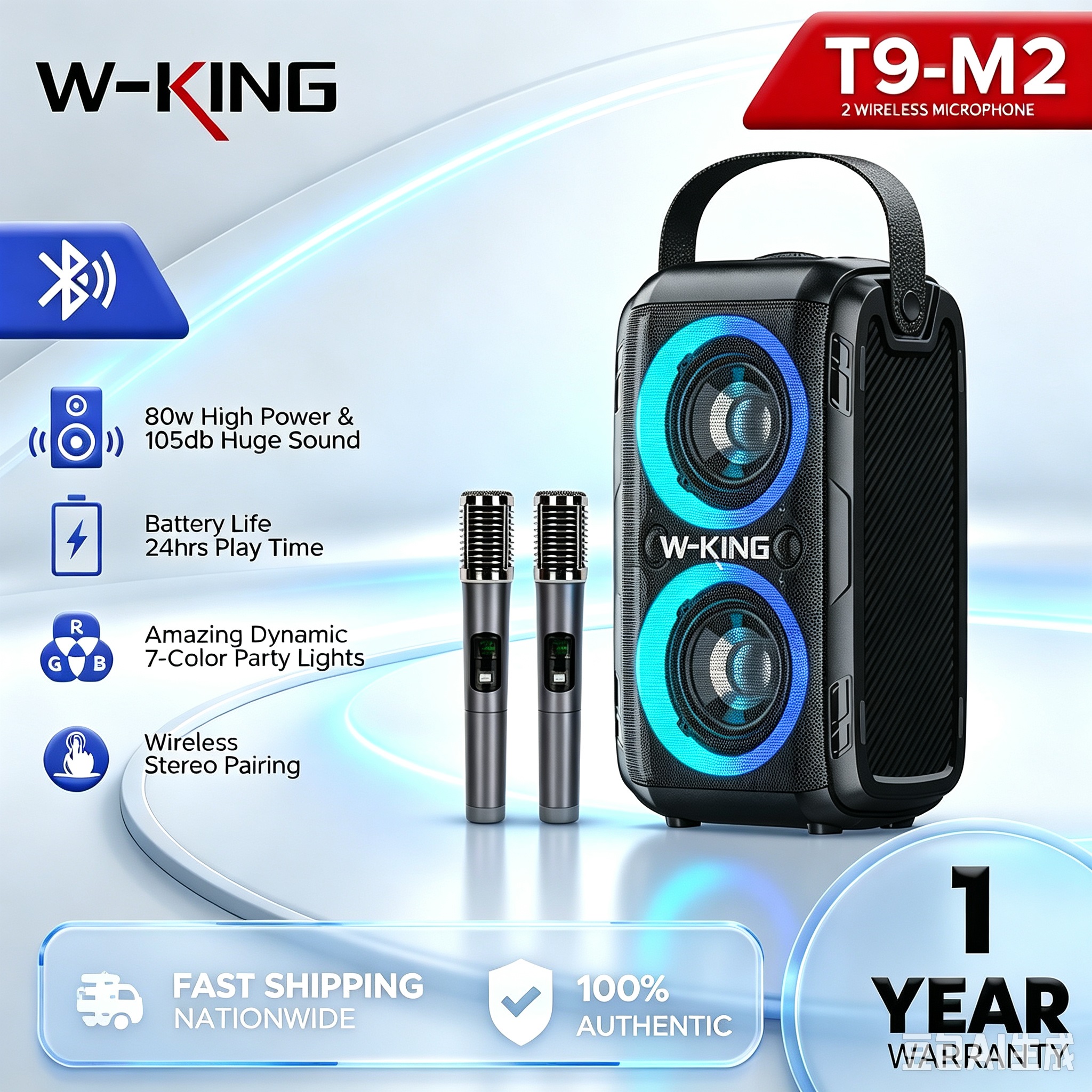 W-KING T9-M2 80W Party Speaker Portable Outdoor Speaker With Subwoofer And Two Mic，Built-in Lights, Powerful Sound And Deep Bass