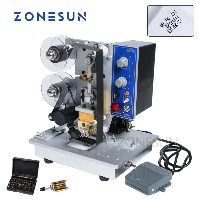 ZONESUN Semi automatic Hot Stamp Coding Printer Machine Ribbon Date Character Hot Code Printer HP-241 Ribbon Date Coding Machine ราคา 11,603 บาท*ส่งฟรี