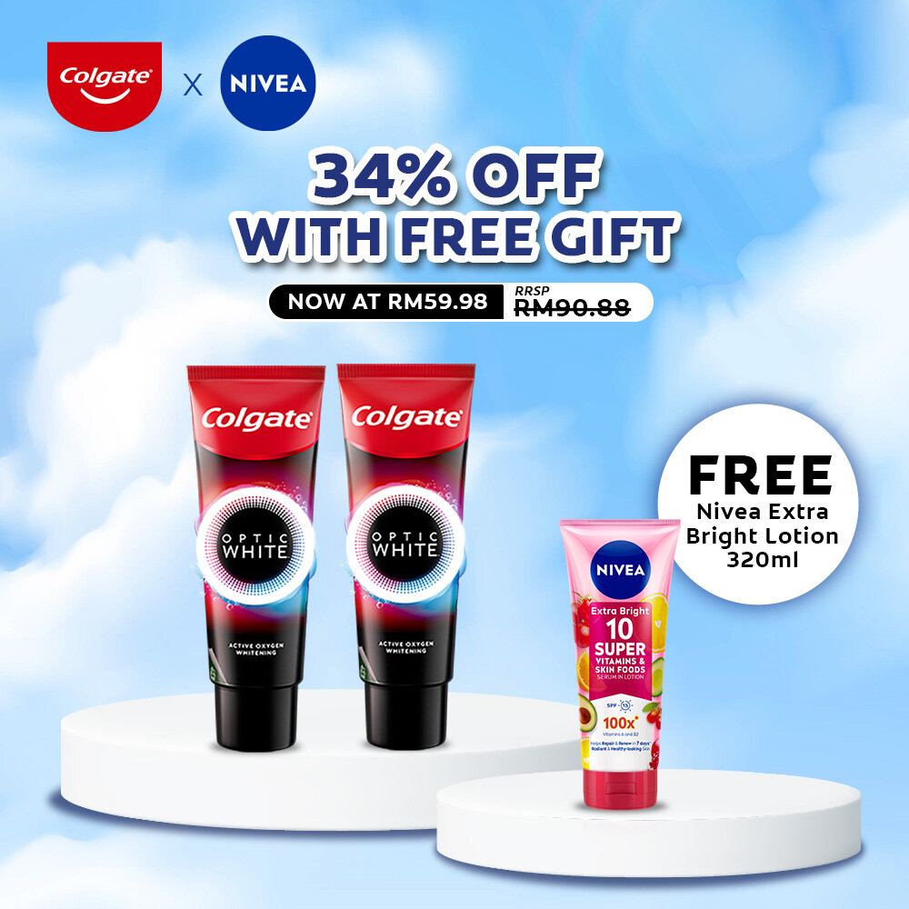 Gambar Colgate Optic White o2 Toothpaste 85g x2 (FREE Nivea Extra Bright Lotion 320ml)