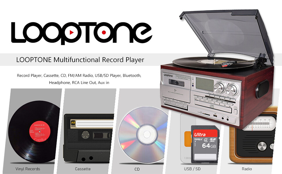 LoopTone 3 Speed Bluetooth Vinyl Record Player Vintage Turntable