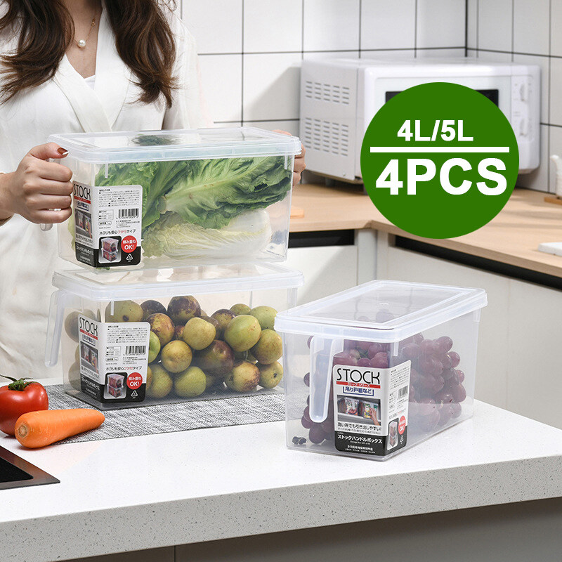 Tomor Life 4PCS tủ lạnh tủ lạnh hộp nhựa tay kéo tủ quần áo trong suốt hình chữ nhật hộp thực phẩm tươi sống (4L/5L)