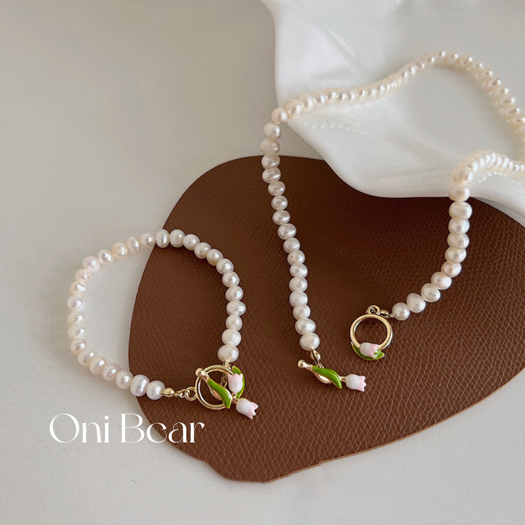 「 hàng có sẵn 」 vòng tay và vòng cổ thời trang đơn giản vẽ hoa ngọc trai hoa tulip cổ điển kiểu pháp
