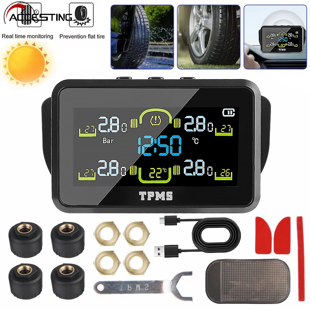 【With 4 External Sensors】 TPMS T14-1 Car Tyre Pressure Monitor Tire Pressure Monitoring System Temperature Warning Fuel Save Solar ราคา 659 บาท*ส่งฟรี