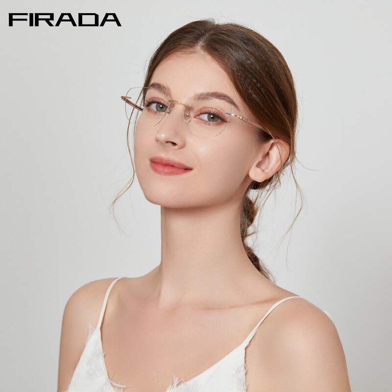 FIRADA Fashion Light Luxury Women's Eyewear Retro Metal Frameless Eyeglasses Optical Prescription Glasses Frame For Women E1 ราคา 351 บาท*ส่งฟรี