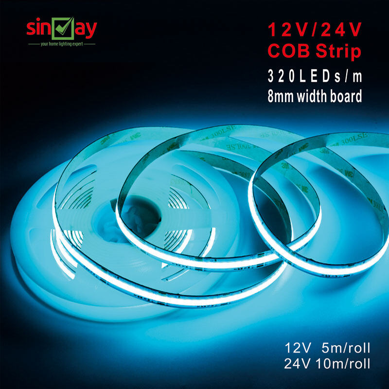 Sinvay 12/24v COB Dải đèn linh hoạt LED 320LEDs/m 8mm Chiều rộng Màu xanh băng Màu lục lam 5m/10m per reel