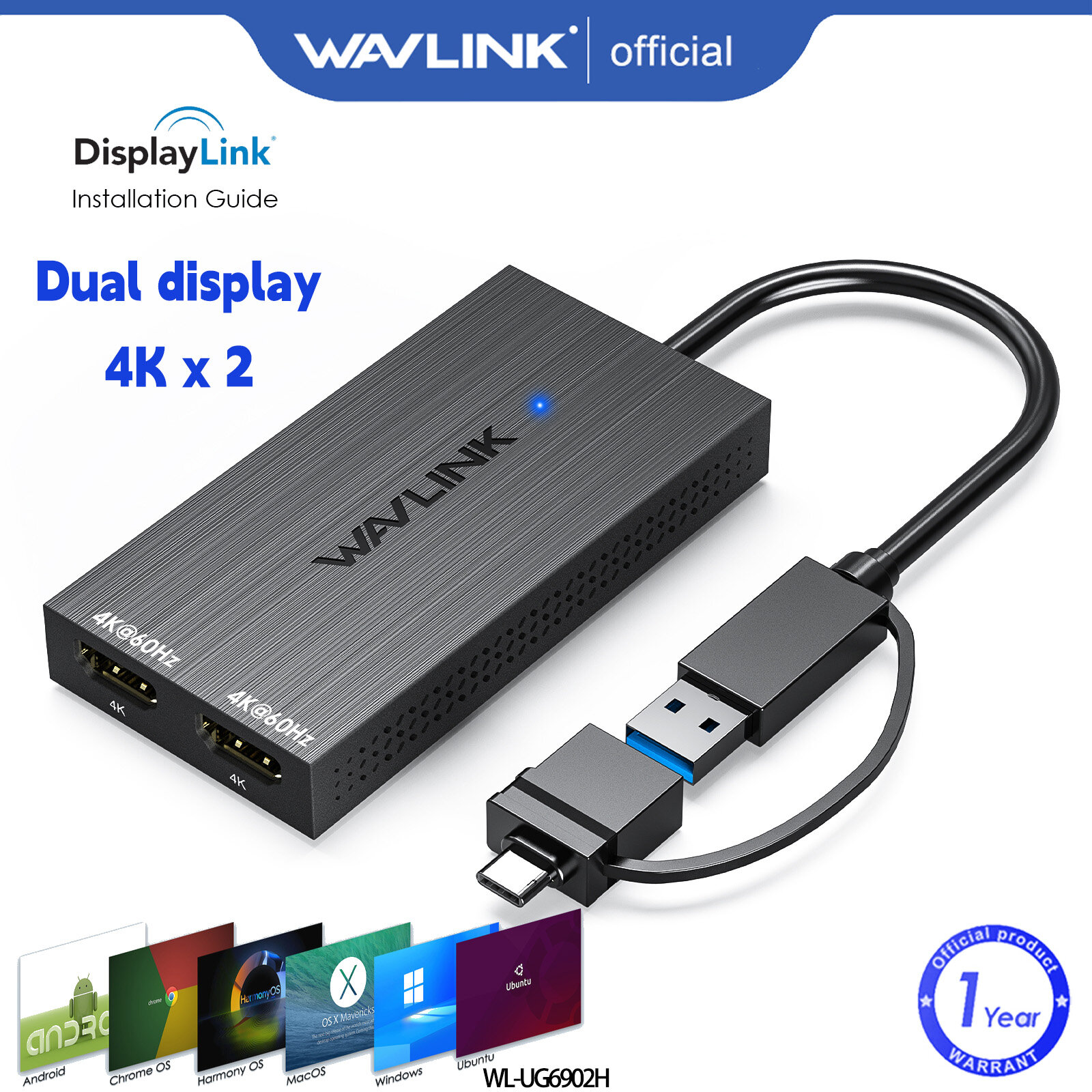  Wavlink USB 3.1 USB C để HDMI kép adapter DisplayLink kép 5K 60Hz Màn hình HUB cho Dell HP bề mặt Lenovo tương thích với các cửa sổ và M1 M2 m3 Mac 