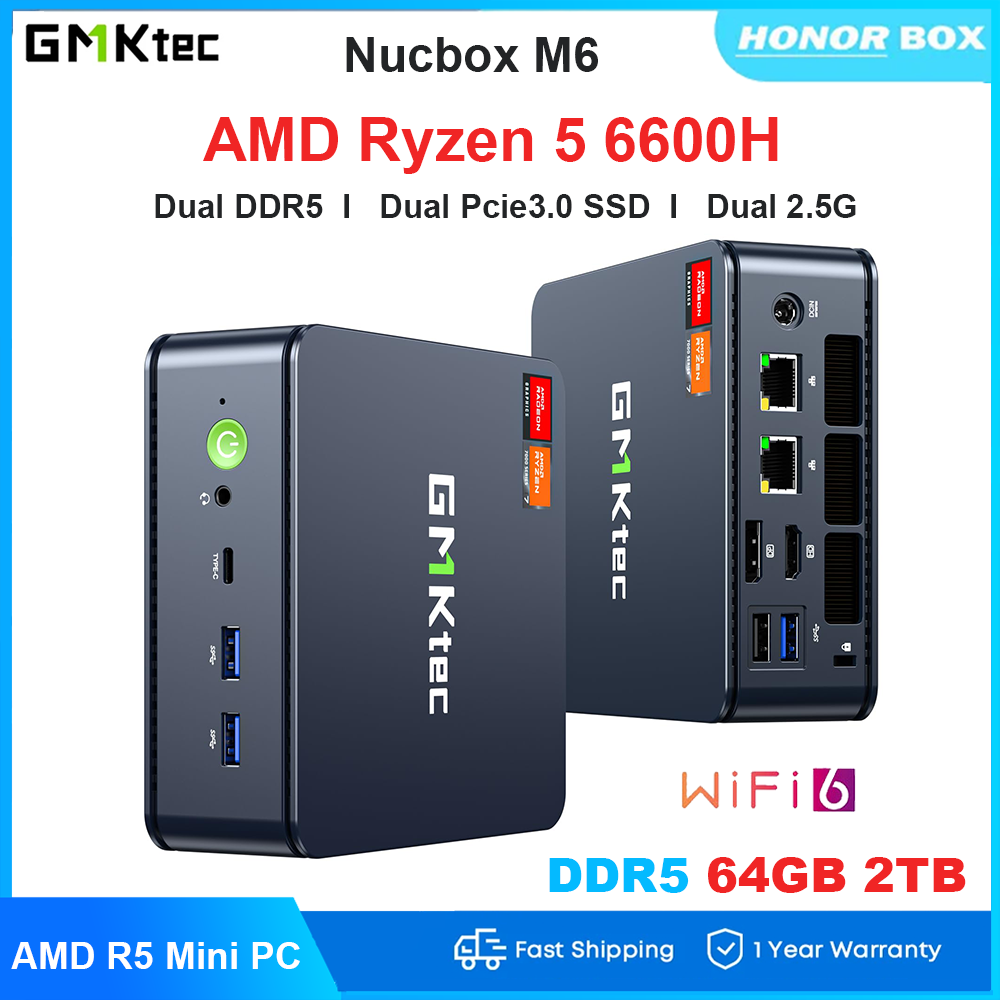 GMKtec Nucbox M6 Gaming Mini PC AMD Ryzen 5 6600H Windoms11pro Mini Computers DDR5 32GB 500GB PCIe3.0 SSD Wifi6 BT5.2 Dual 2.5G LAN Desktop PC ราคา 8,340 บาท*ส่งฟรี