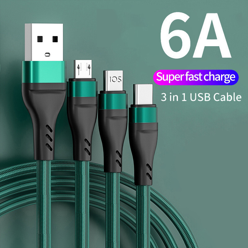 Cáp sạc 6a 3 trong 1 cáp sạc nhanh type-c micro usb lightning usb-c cáp dữ liệu cho iphone sansung xiaomi huawei
