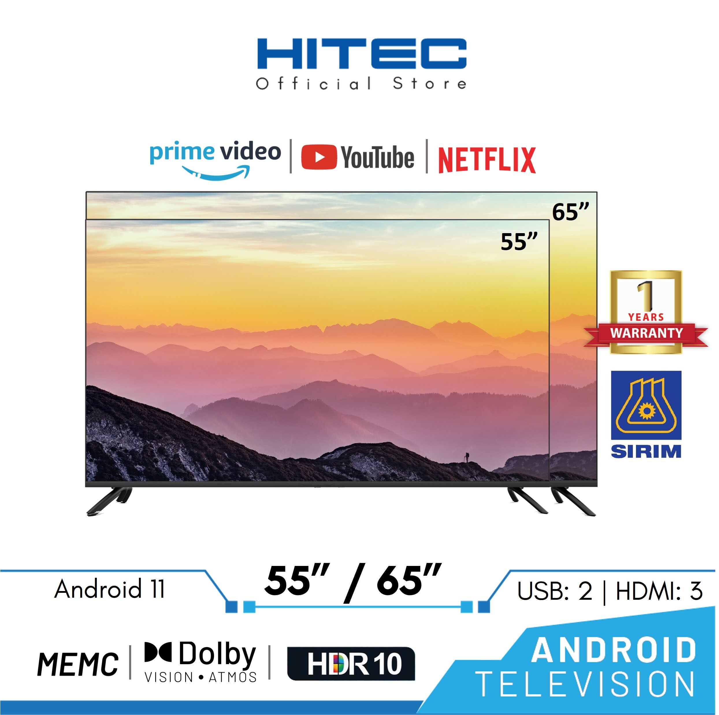 Hitec 4K DLED Android TV U88 (55" / 65") Android Smart TV with HDR10 / YouTube / Netflix / MyTV / Google Play Harga 2,299 Ringgit*Penghantaran Percuma