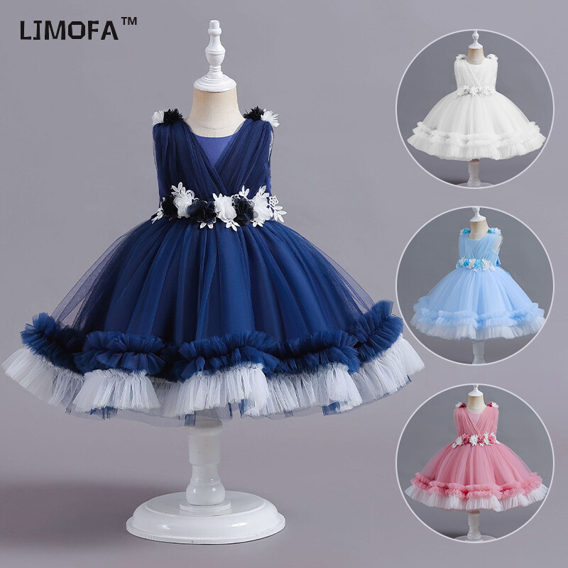 Ljmofa Váy bé gái thắt nơ áo choàng làm lễ bằng sợi tay áo cánh bướm ren dài 9m-5 tuổi Đầm công chúa sinh nhật trẻ em