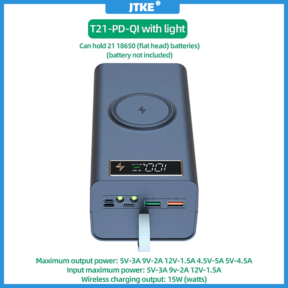 Hộp đựng pin 21*18650 hộp sạc dự phòng không dây pd đèn pin vỏ usb kép tự làm có thể tháo rời