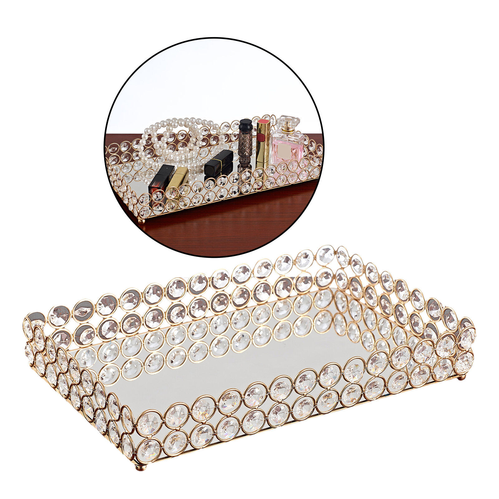 Gambar Mirror Tray Perfume Jewelry Cosmetics Makeup Trinket and Sundries Crystals Vanity Trayd Ornate Serving Tray Organizer for Wedding Home