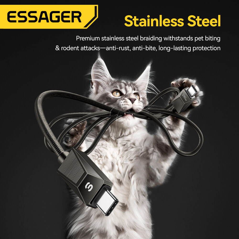 Essager 240W/100W Loại C để Loại-C USBC Cáp 5A USB-C PD nhanh chóng sạc Hợp kim kẽm dây thép không gỉ Dây ngăn chặn vật nuôi chó mèo con chuột cắn Loại C sạc nhanh cáp cho iphone16 15 MacBook Samsung Huawei Xiaomi Máy Tính Bảng Máy Tính Xách Tay loại-cáp