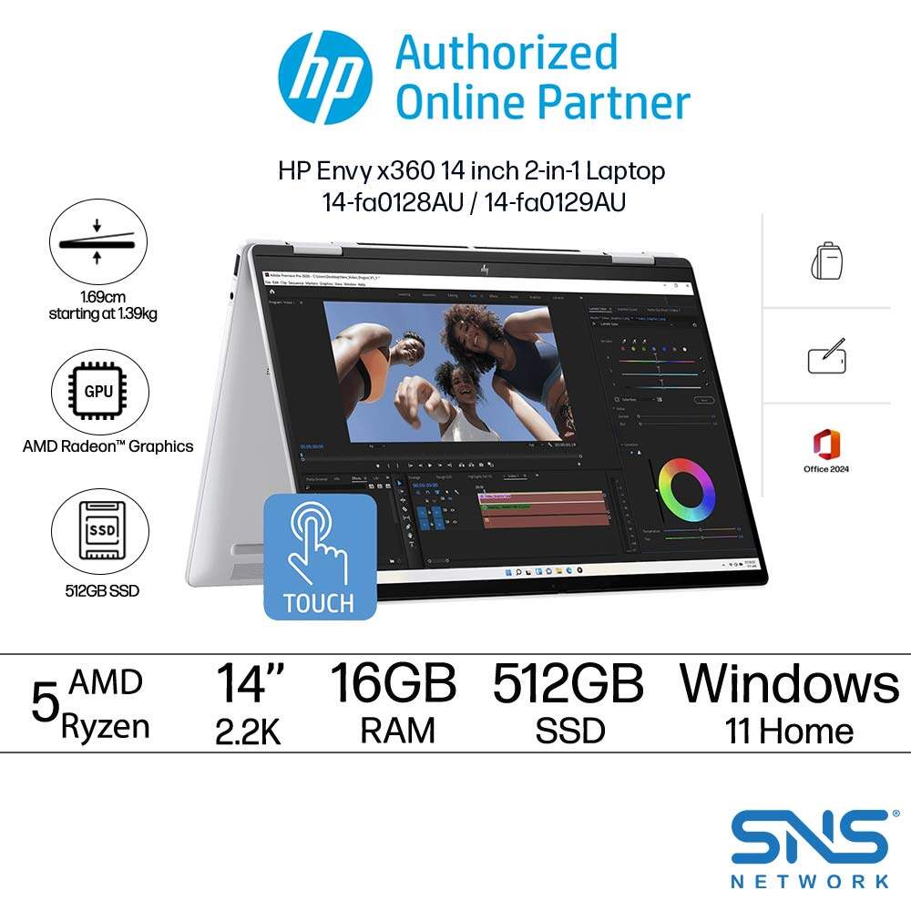 HP Envy x360 14 inch 2-in-1 Touch Screen Laptop 14-fa0128AU/14-fa0129AU (AMD Ryzen™ 5 8640HS | 16GB | 512GB SSD | AMD Radeon™ Graphics | Preinstalled Microsoft Office Home 2024 + 1 Year Office 365 Bas