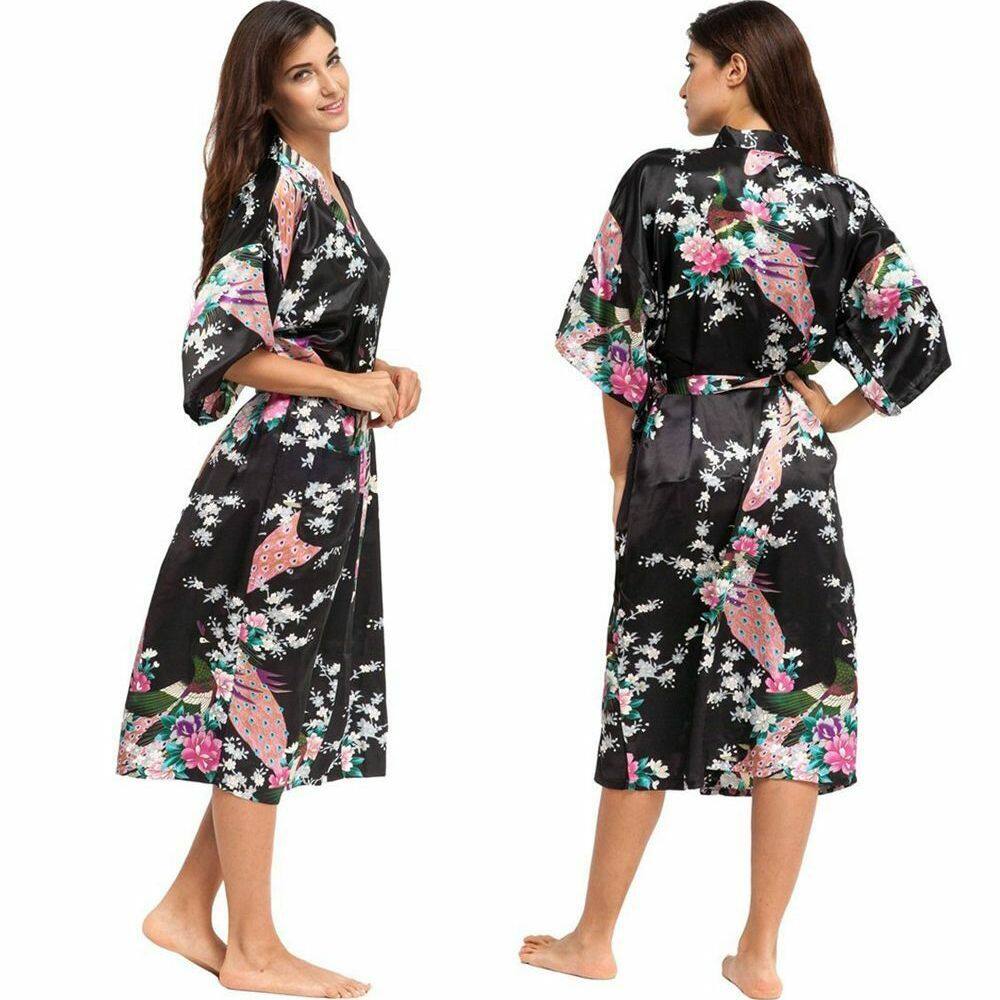 LILYandGIRL Áo Choàng Áo Choàng Áo Choàng Tắm Kimono Con Công Satin Đồ Ngủ Áo Choàng Ngủ Quần Áo Ngủ 6