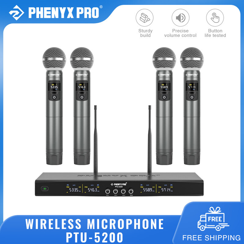 Phenyx Pro PTU-5200 Wireless Microphone System UHF Adjustable Frequency Metal Wireless Mic Set with 4 Handheld Mics 200ft Range Dynamic Microphones for Home Singing Karaoke Church DJ ราคา 7,846 บาท*ส่งฟรี