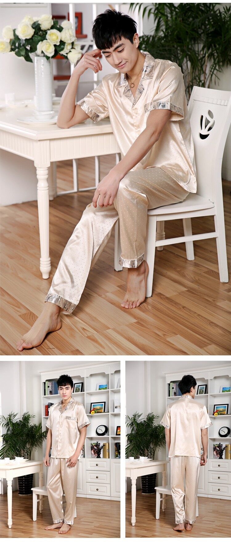 Đồ ngủ xuân và mùa hè bộ đồ ngủ lụa hè mặc cho đàn ông bộ đồ ngủ dài Sleeve Silk