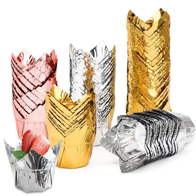 Gambar 100Pcs Lot Aluminum Foil Muffin Cupcake Paper Cups Cupcake Liner Baking Cups Tray Cases Wedding Caissettes Cupcake Wrapper