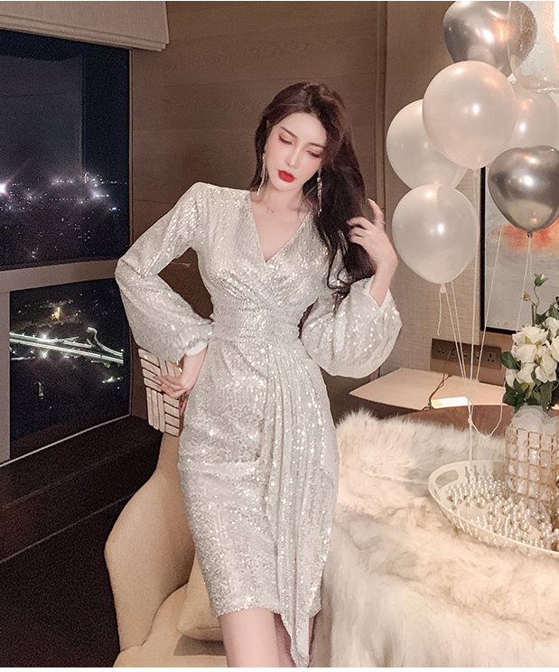 đầm kim sa lấp lánh Phụ nữ Pháp Đầm dự tiệc 2022 New Sequin Dress Slim váy kim sa nữ V Cổ dài Tay áo Váy Nổi tiếng Tính khí Bất thường Ăn mặc