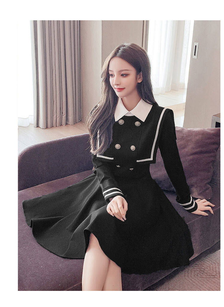 Navy style dress for women 2021 Spring and Autumn new small waist-tight temperament contrast color college style long sleeve A- line dress