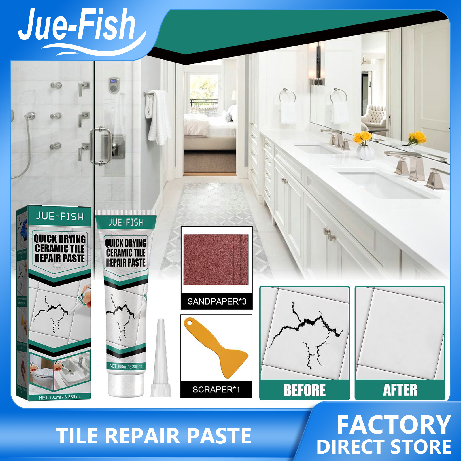 JUE-FISH Ceramic Repair Paste Floor Tile Adhesive Tile Repair Agent Tub Tile and Shower Repair Kit Porcelain Repair Kit for Crack Chip Magic Repair Glue Agent Ceramic Repair Paste Floor Toilet Bathroom Sink Tile Household Ceramic Tile Repair cream ราคา 121 บาท*ส่งฟรี