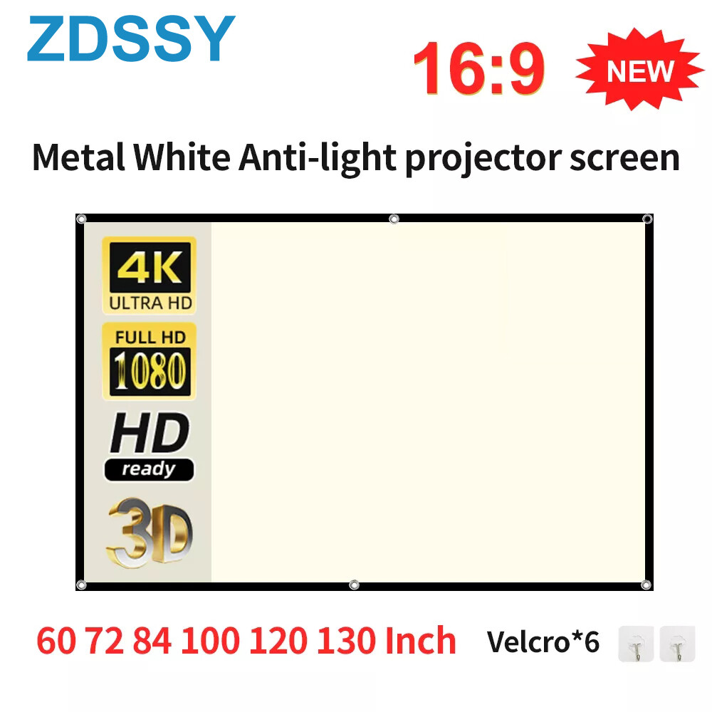 Zdssy Chiếu Tường Màn Hình lưới trắng Chống Ánh Sáng 16:9 Chiếu Rèm 60 72 84 100 120 130 Inch Có Thể Gập Lại, Chống Nhăn, Và ủi Xách Tay Phản Quang Vải móc kim loại màn hình máy chiếu Kéo lên