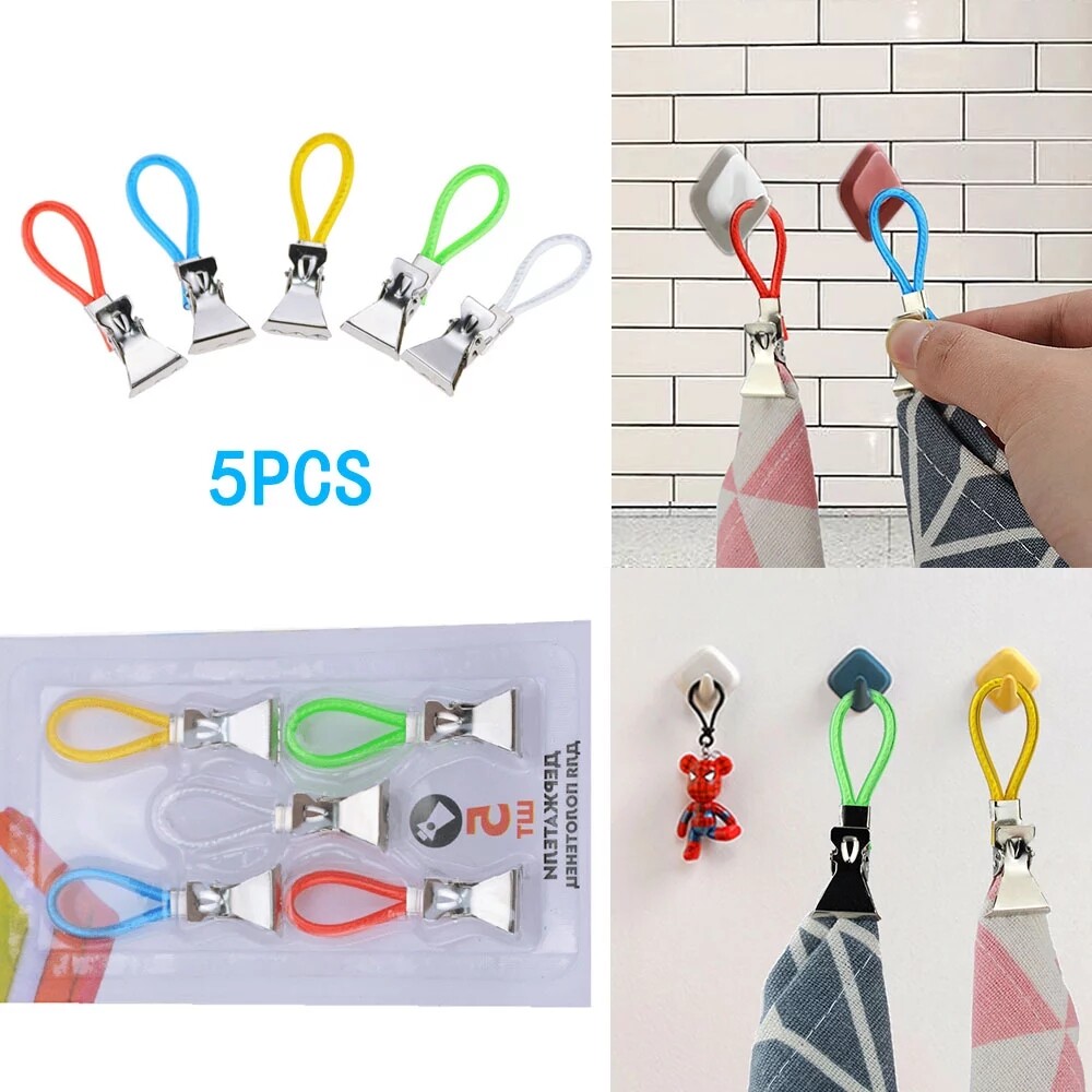 5pcs Tea Towel Hanging Clips Hanging Clothes Pegs Clip On Hooks Loops Hand Towel Hangers Household Kitchen Bathroom Organizer 