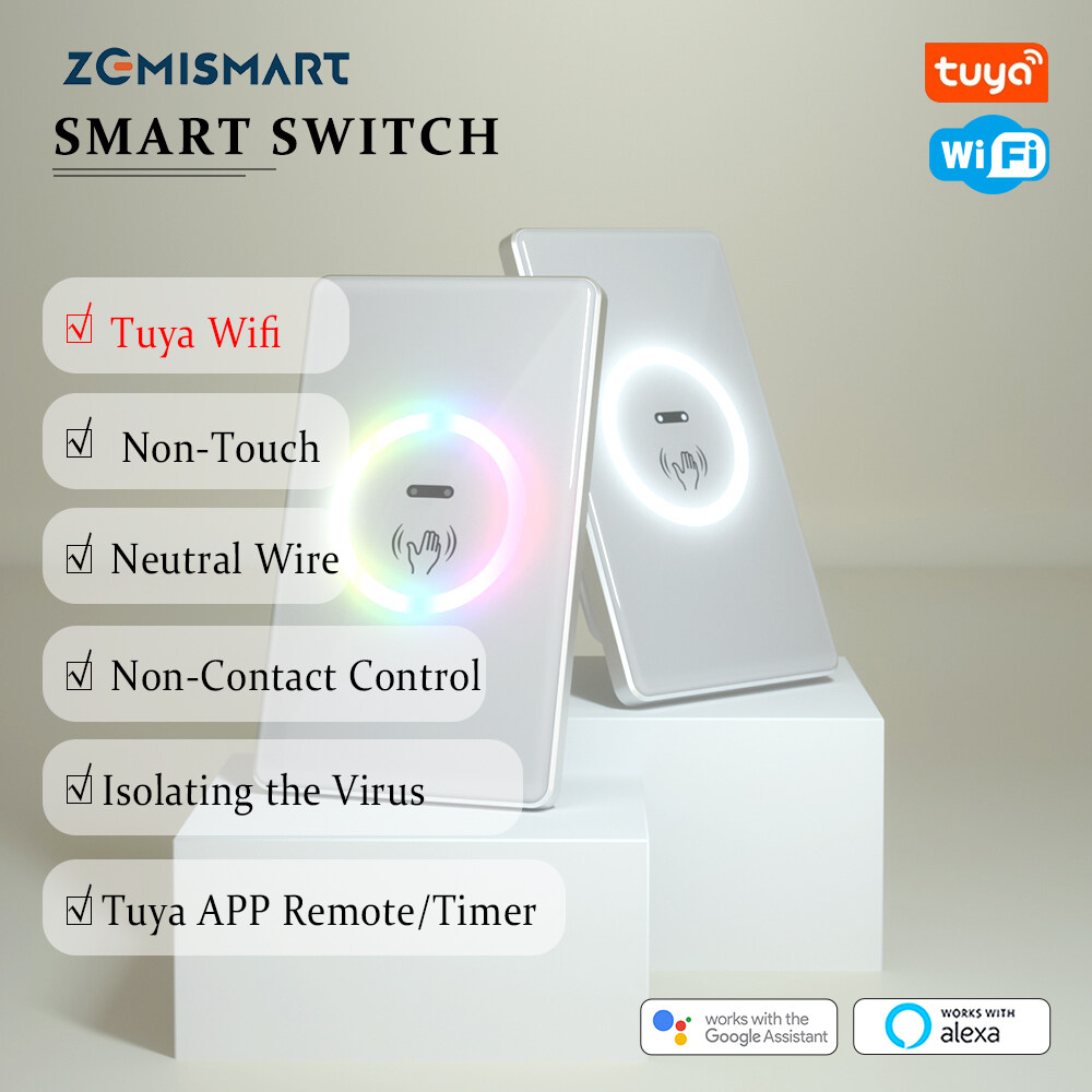 Zemismart Tuya Wifi Non-contact Hand Wave Light Switch with Colorful Ring-shaped Cool Marquee Indicator LIght,Auto Touchless Smart switch with IR Sensor US Interruptor Tuya APP TImer Alexa Voice Control Infrared Motion Sensor Detector Switch ราคา 808 บาท*ส่งฟรี