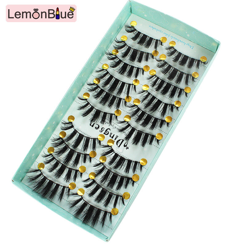 Gambar False Eyelashes 3D Handmade Natural Long Thick Fluffy Fake Eyelashes 10 Pairs for Extending Your Natural Eyelashes Reusable Curl Makeup Eyelashes Women Faux Eyelashes Set