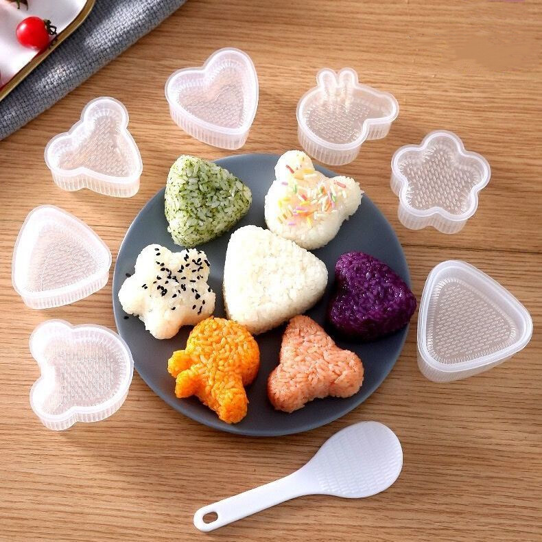 Gambar 7Pcs Triangle Sushi Mold DIY Heart shaped Plum Blossom Onigiri Rice Ball Bento Mold Food Press Triangular Sushi Maker Mold Kit Japanese Kitchen Bento Accessories Rice scoop