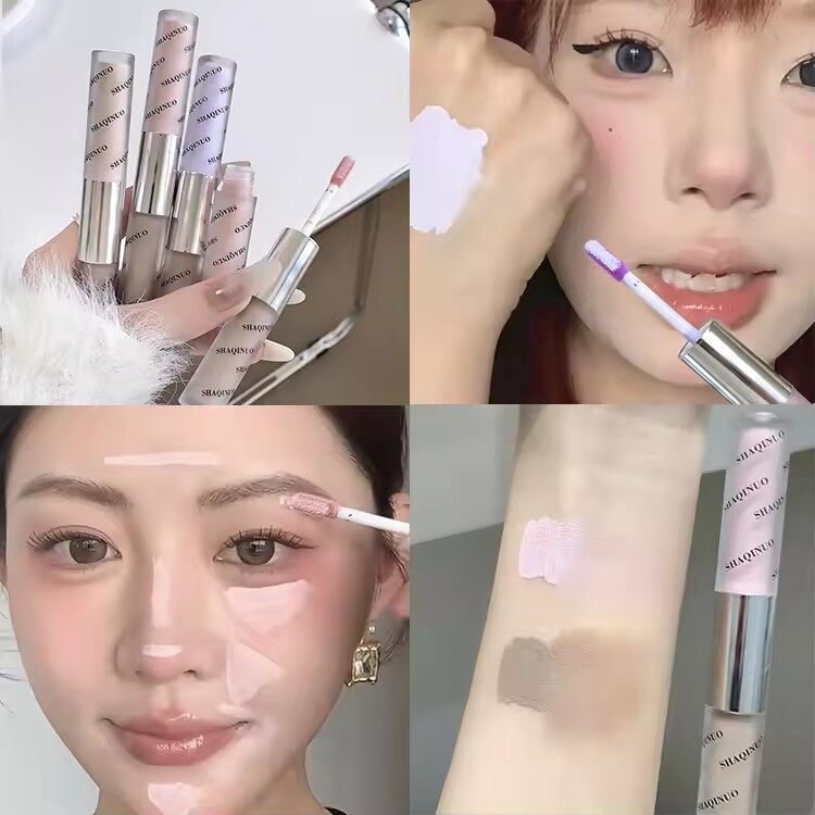 Chất lỏng 2 trong 1 làm sáng da mặt màu hồng xanh làm trắng Highlighter hai đầu màu nâu xám Phấn mũi mặt điêu khắc đường viền trang điểm 3D tự nhiên