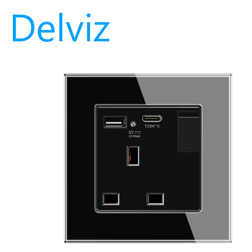 Delviz với nguồn điện ổ cắm điều khiển chuyển mạch, bảng thuỷ tinh nhiệt, 13A ổ cắm điện, cổng USB 5V, ổ USB KIỂU C Chuẩn Anh