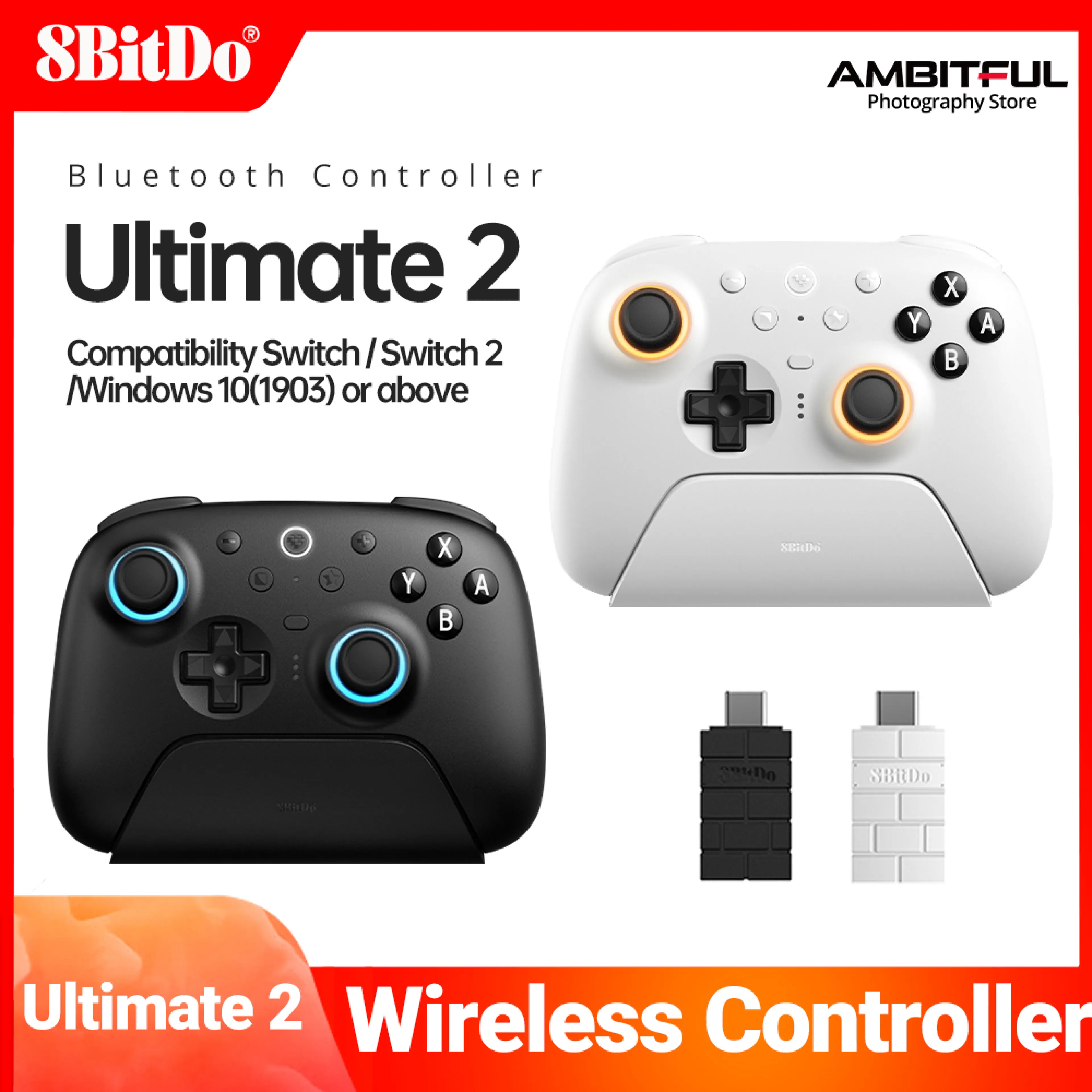 8BitDo Ultimate 2 Bluetooth Wireless Controller Gamepad With TMR RGB Lighting Joysticks forfor Nintendo Switch, Switch 2, Windows 10/11 with TMR Joystick Accessory