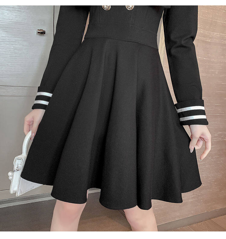 Navy style dress for women 2021 Spring and Autumn new small waist-tight temperament contrast color college style long sleeve A- line dress