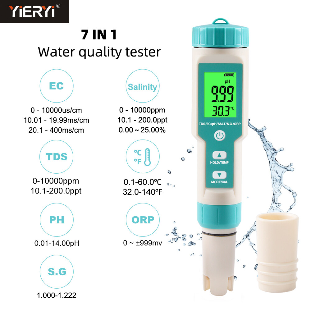Yieryi pH Meter 7 in 1 PH/EC/TDS/Salinity/S.G/ORP/Temperature Water Quality Meter Hydroponics Tester IP67 Waterproof for Drinking Water, Aquarium