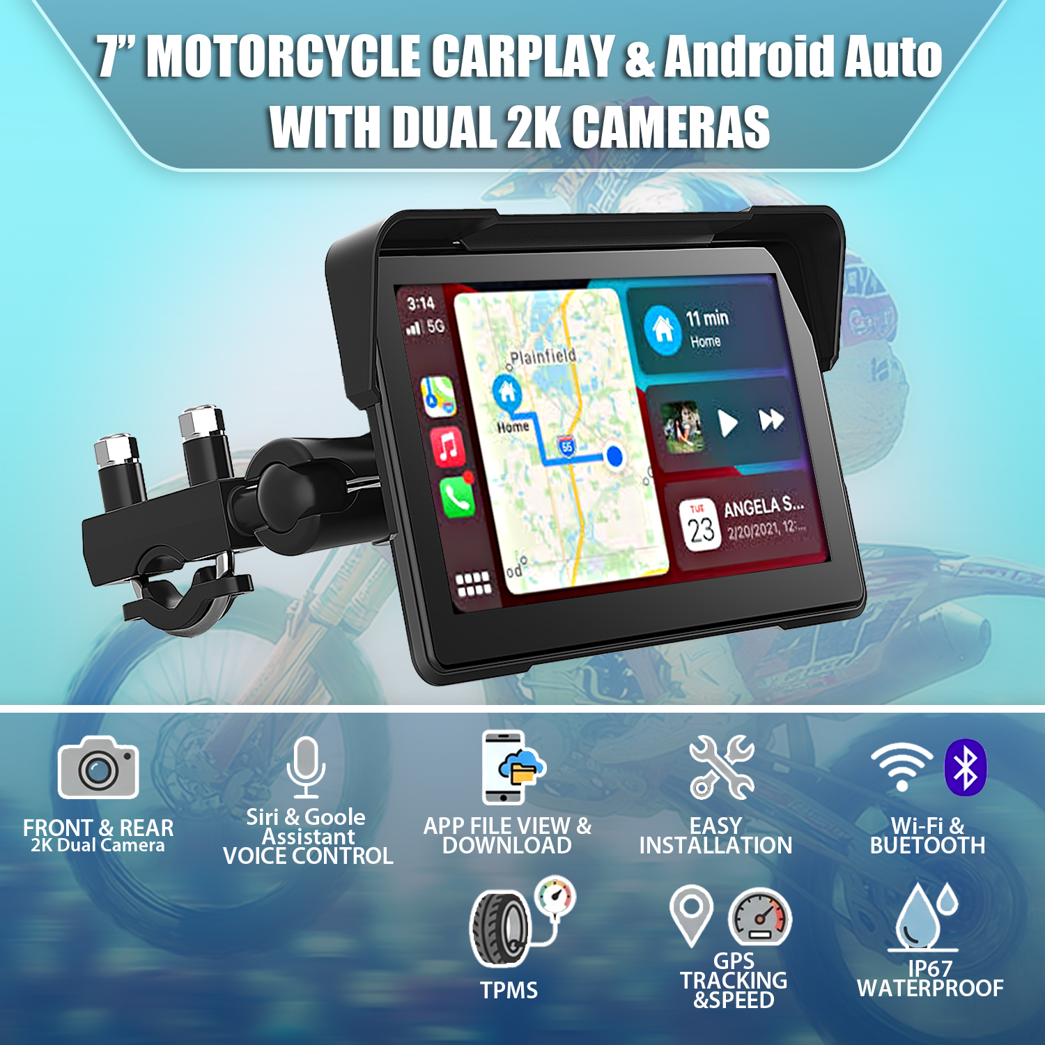 CarPlay Motorcycle Android Auto TMPS 2K Dual lens Dash Cam Wifi Bluetooth Asawin 7.0 Inch IPS HD Touch Screen Support Siri/Google Voice control ราคา 4,990 บาท*ส่งฟรี