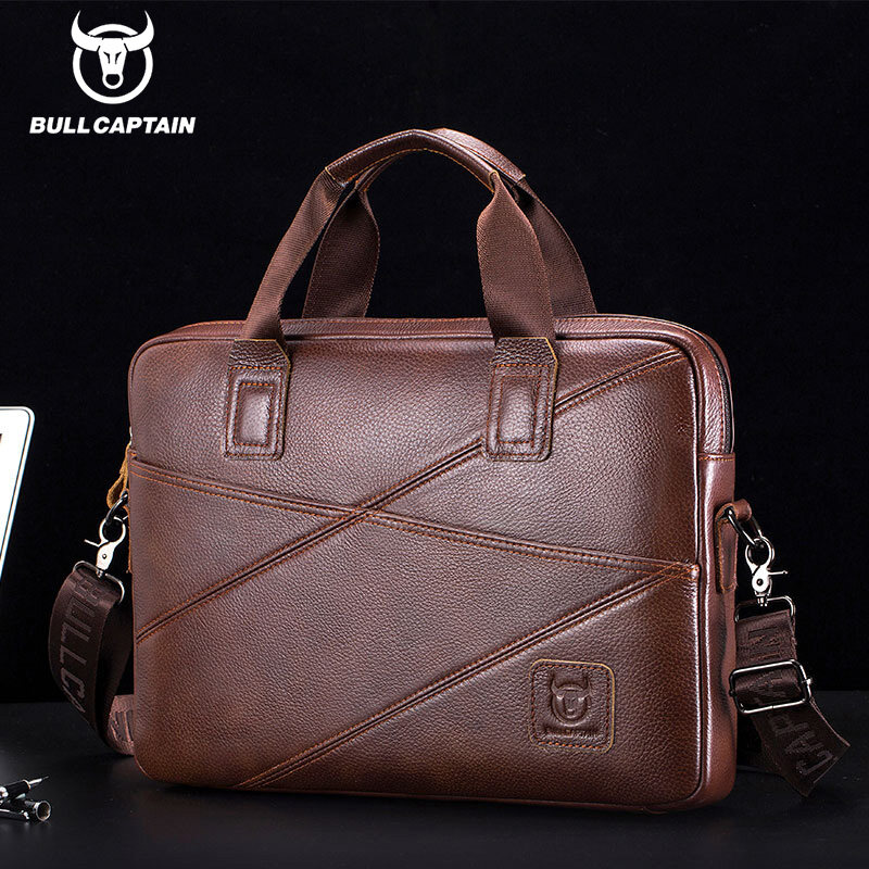 Bullcaptain Cặp tài liệu Nam Da kinh doanh túi xách vai Messenger Túi thông thường 15 inch máy tính túi