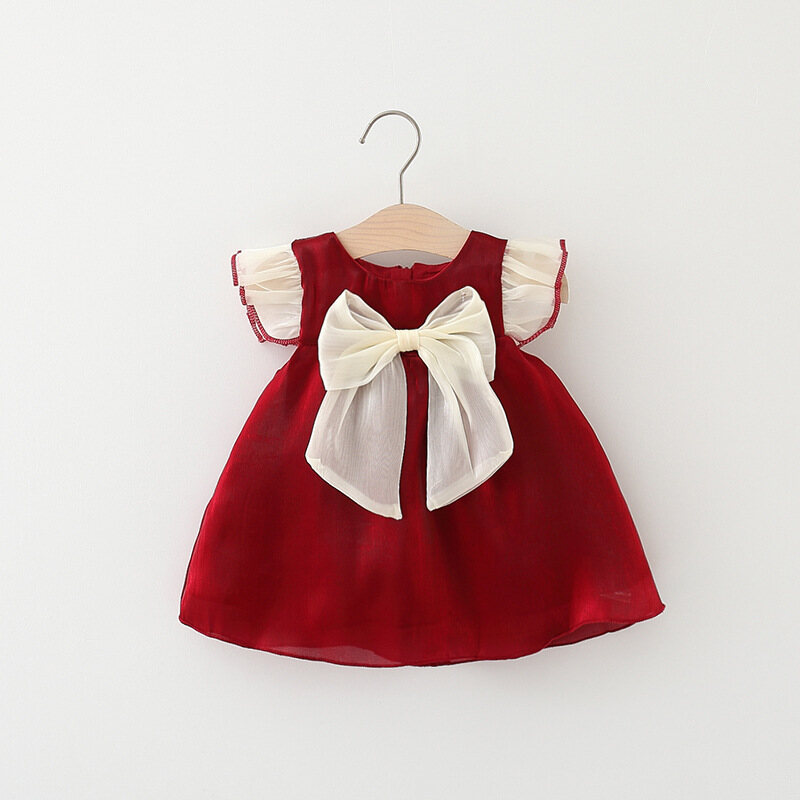 Mùa hè Đầm trẻ em mới tay áo xù Bowknot cô gái đám cưới màu đỏ trẻ em Tiệc Đầm trẻ em 0-3 Tuổi Cô Gái Quần áo trẻ em
