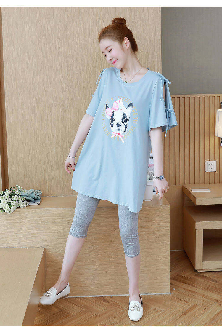 BoBoM Maternity Clothes Summer Suit Maternity T-shirt Short Sleeve Summer Base Top Loose Summer Mid-length Dress