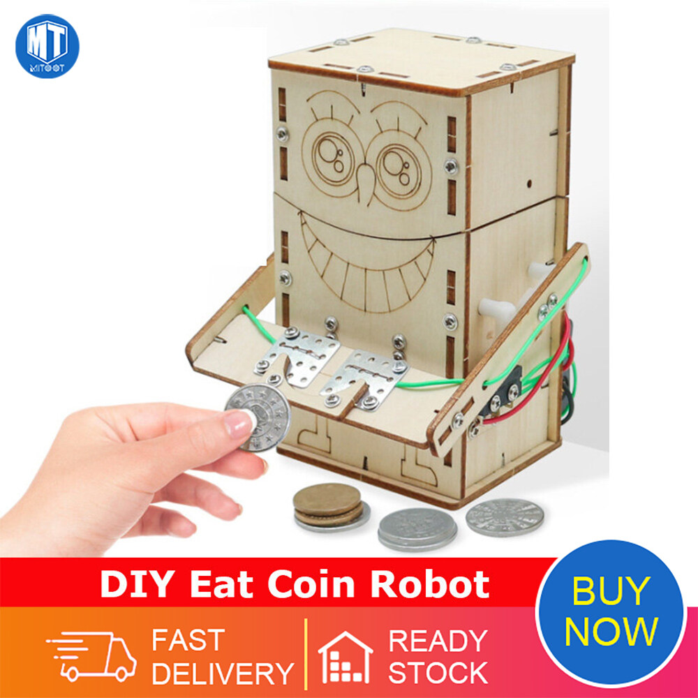 Wooden Electric Powered Eat Coin Robot DIY Models & Building Toy Science